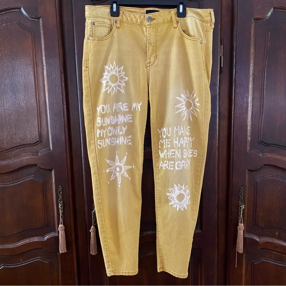 YOU ARE MY SUNSHINE One of a kind artisan up cycled denim mid rise skinny size15 - Picture 2 of 3